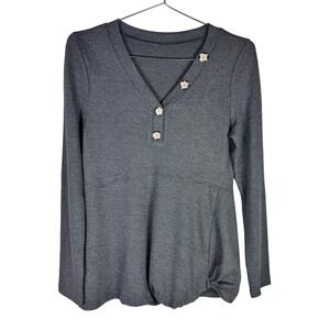 Waffle Knit V Neck Henley Shirt Gray Long Sleeve Button Accent Knot Hem Top